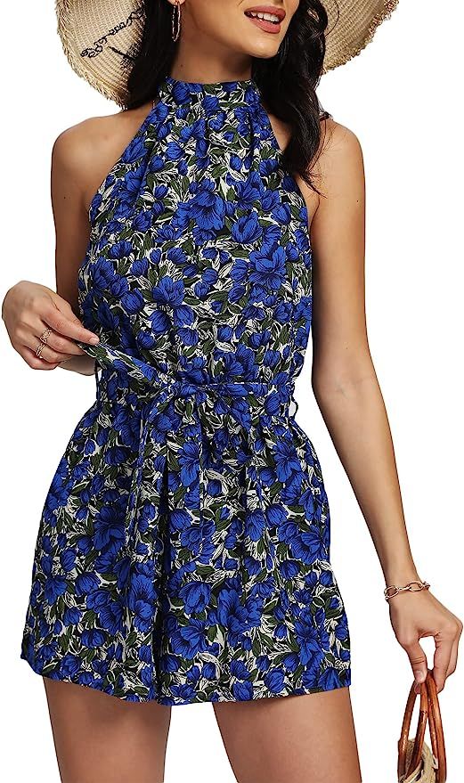 LYANER Women's Floral Print Halter Neck Tie Back Belt Sleeveless Romper Short Jumpsuit | Amazon (US)