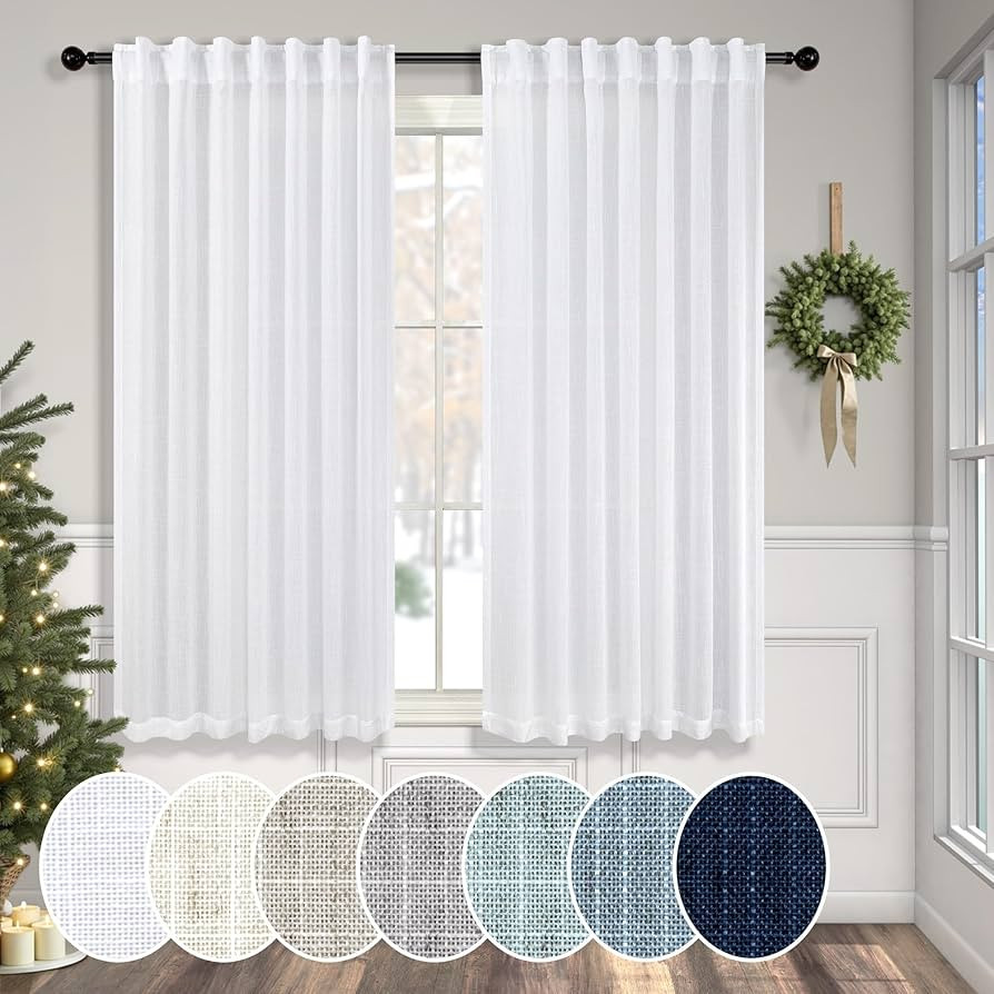 Solid White Curtains 54 Inch Length for Bathroom 2 Panels Set Rod Pocket Back Tab Linen Organic L... | Amazon (US)