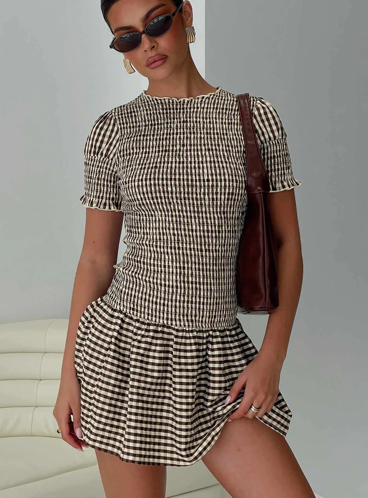 Laurita Shirred Mini Dress Brown Check | Princess Polly US