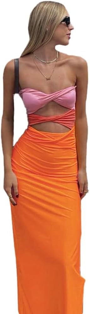 Patchwork Y2K Strapless Dress Party Sleeveless Backless Sexy Hollow Out Dresses Women Summer Beac... | Amazon (US)