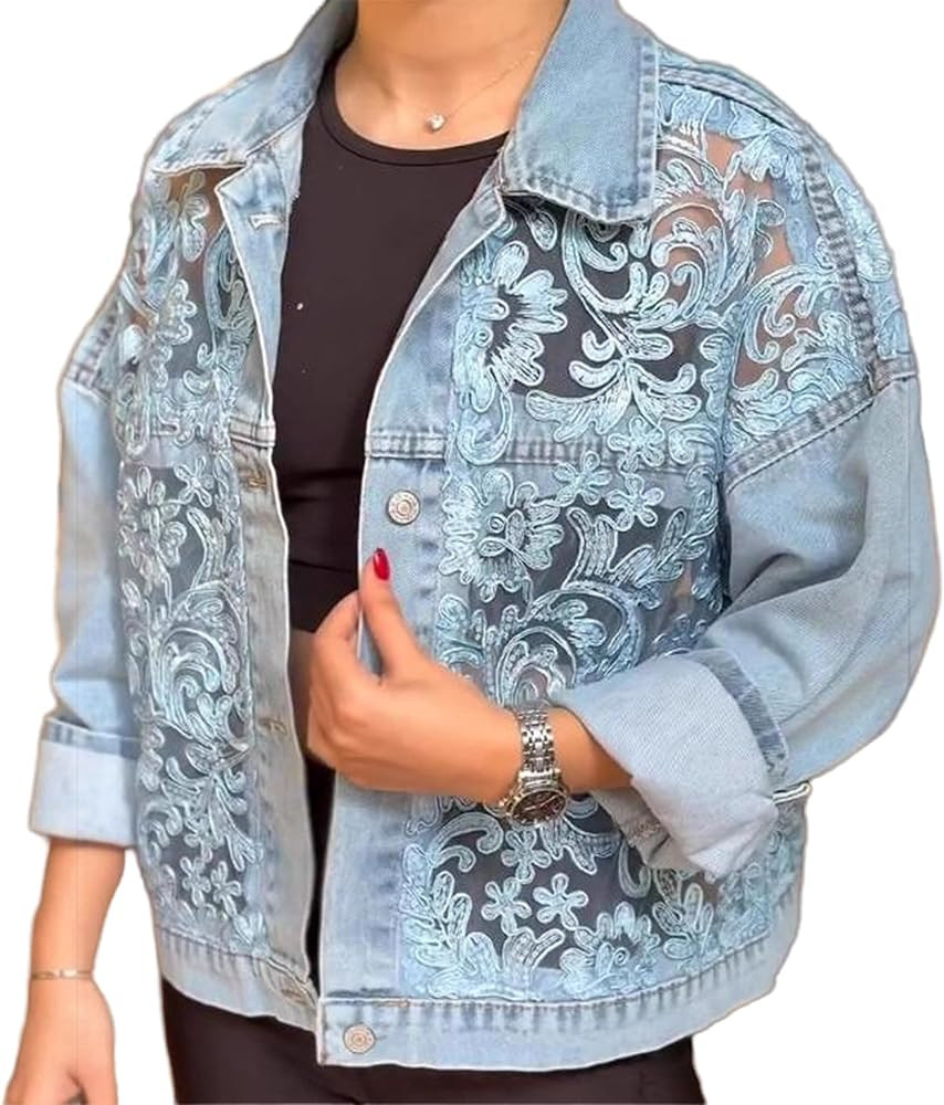 Jean Jacket Women Lace Sheer Denim Jacket for Women Casual Blue Jean Jackets Spring Summer | Amazon (US)