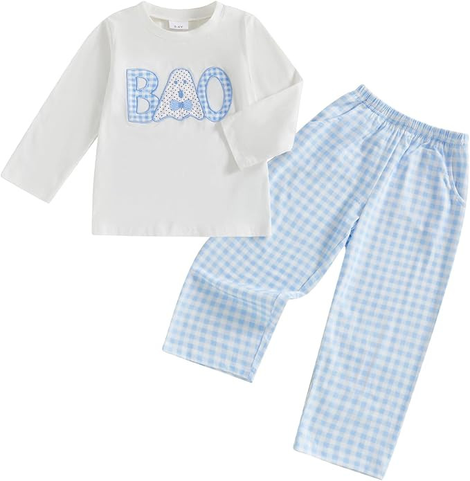 Toddler Kids Baby Boy Halloween Ghost Smocked Outfit Long Sleeve Embroidery T-shirt Gingham Pants... | Amazon (US)