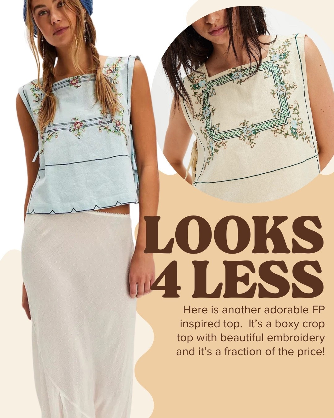 Here is another adorable FP inspired top.  It’s a boxy crop top with beautiful embroidery and it’s a fraction of the price!

Free people looks for less | designer duper | transitional summer to fall style | free people inspired 



#LTKSaleAlert #LTKFindsUnder50 #LTKOver40