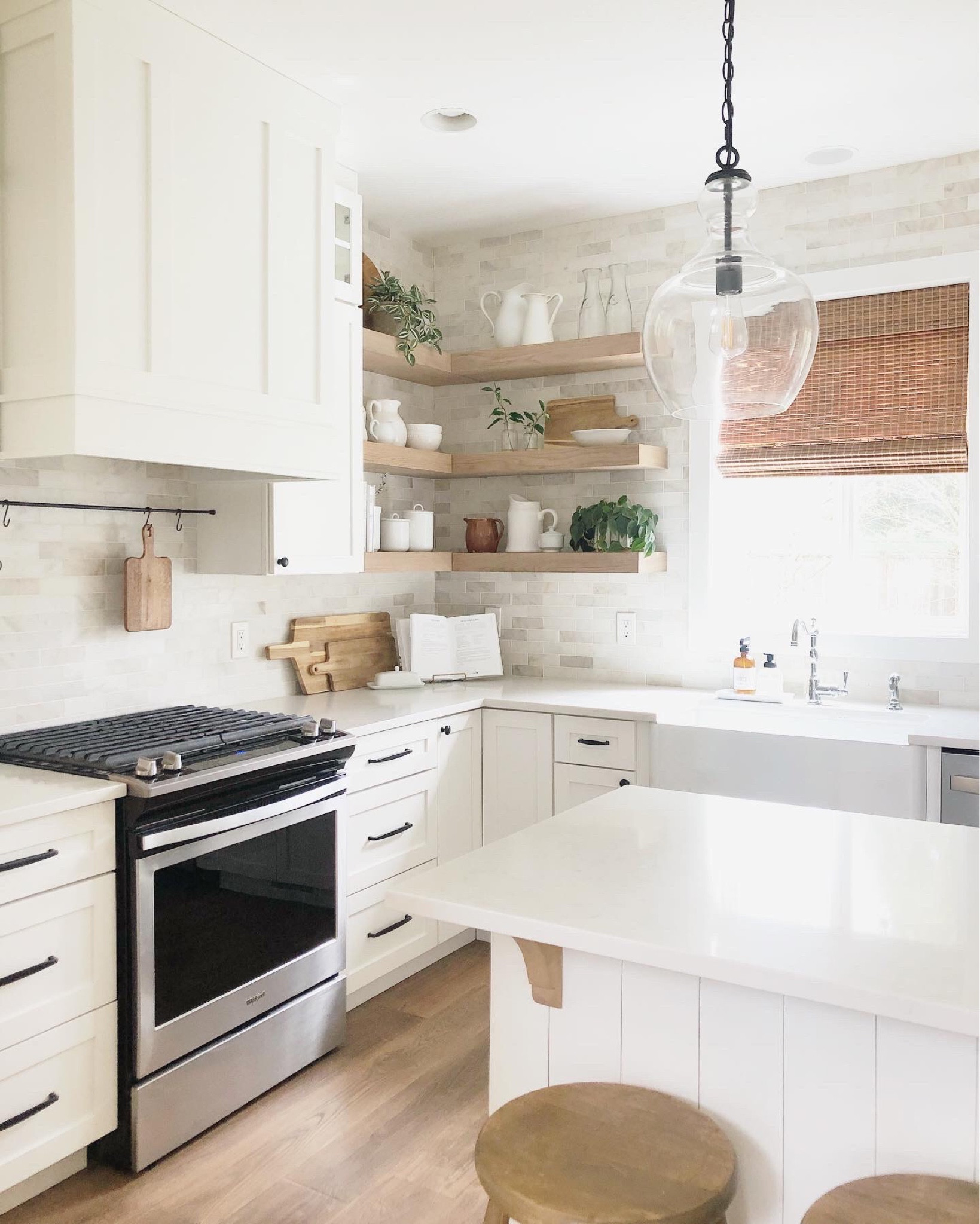 White kitchen, pendant lights, glass pendants, farmhouse sink, apron sink, kitchen hardware, kitchen faucet, faucets, open shelves, wood shelves, home decor, kitchen decor, marble backsplash, marble tile, kitchen appliances, Amazon home

#LTKFind #LTKhome