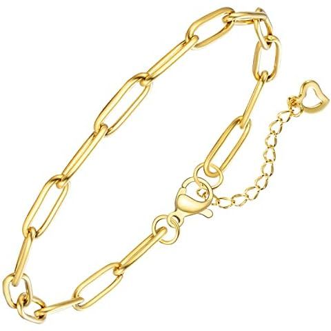 14K Gold Over 925 Sterling Silver Clasp 4mm Paperclip Bracelet for Women Diamond Cut Gold Bracele... | Amazon (US)