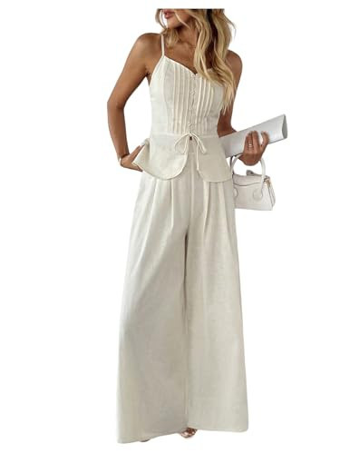SOLY HUX Women's 2 Piece Summer Outfit Button Down Peplum Cami Top and Wide Leg Pants Set Solid White Small | Amazon (US)