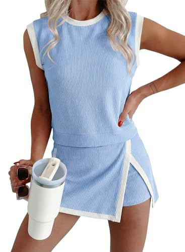 EVALESS 2 Piece Sets for Women Summer Matching Athletic Lounge Outfits Ribbed Knit Tank Top and Elastic Waist Split Lined Skirt 2026 Spring Trendy Womens Two Piece Athleisure Set Blue X-Large | Amazon (US)