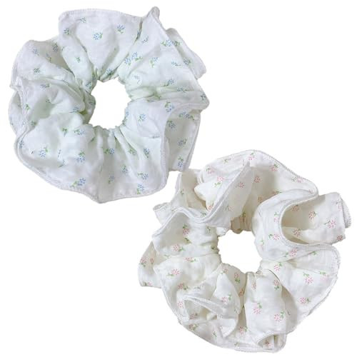 Qigfucm 2pcs Floral Oversized Hair Scrunchies 7.5 Inches, White Soft Chiffon, Layered Ruffled Design Big Scrunchies Hair Ties for Buns Braids Ponytail Holders | Amazon (US)