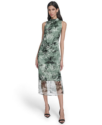Women's Printed Organza Overlay Mock Neck Midi Dress | Macy's