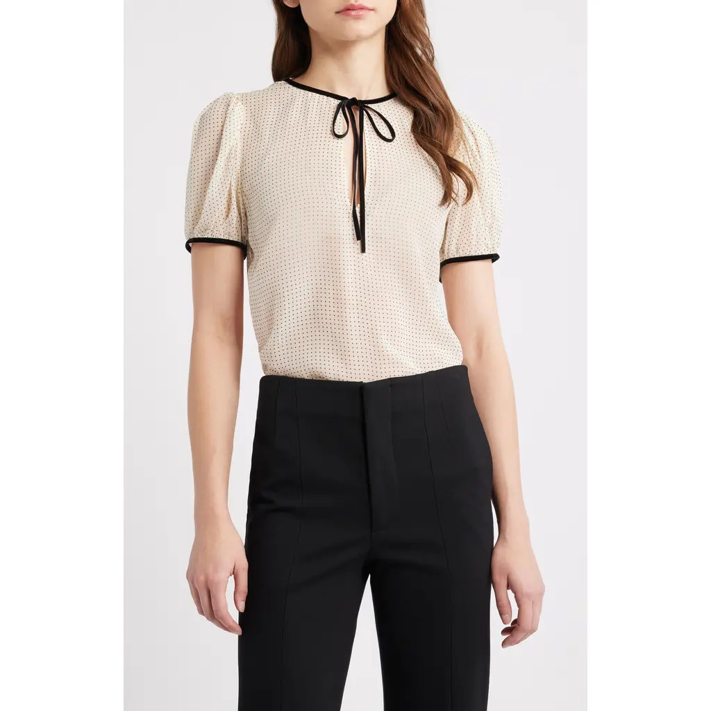 FRAME Polka Dot Tie Front Puff Sleeve Semisheer Silk Top in Ecru Multi at Nordstrom, Size X-Small | Nordstrom