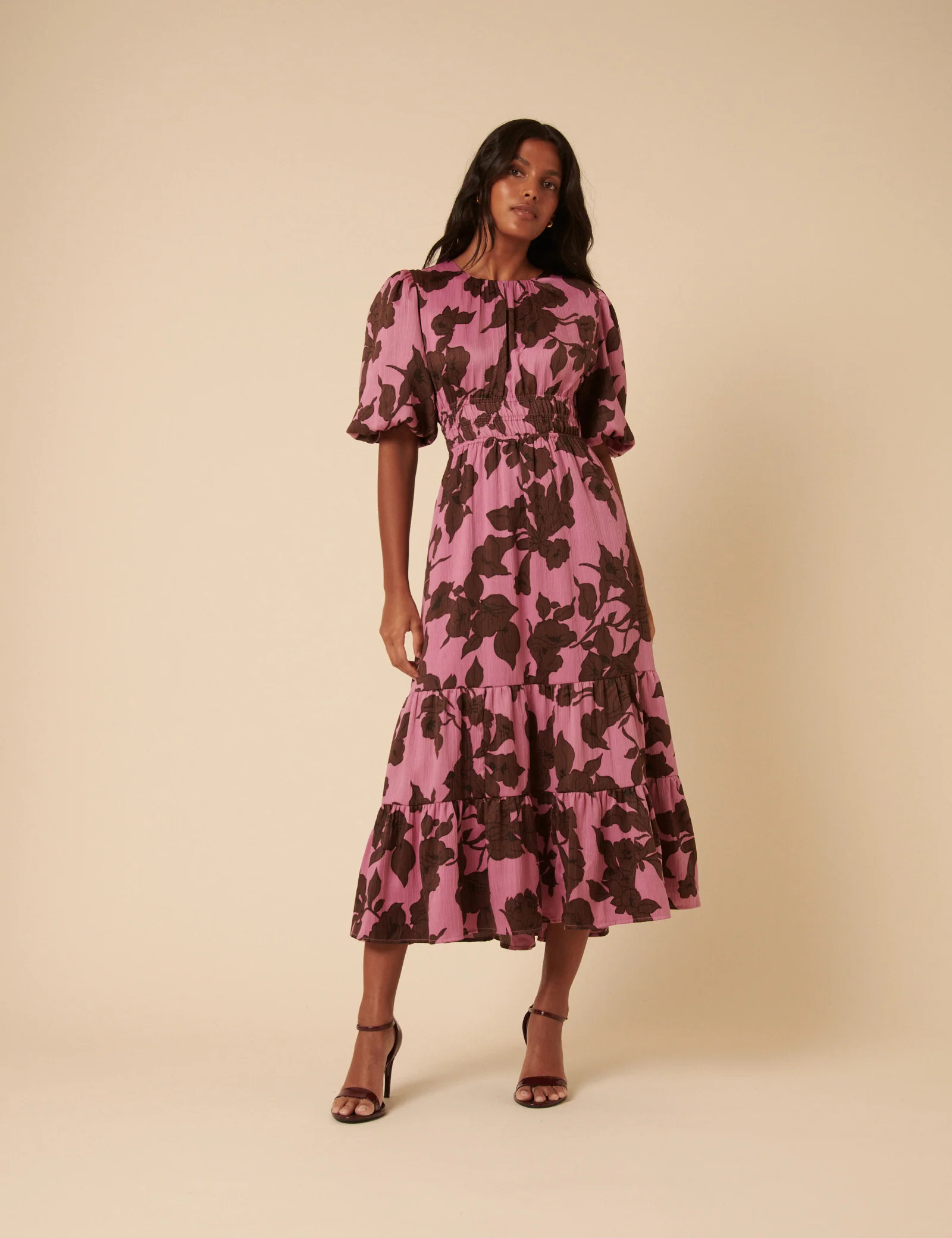 Pink Floral Puff Sleeve Zelda Midi Dress | Nobody's Child