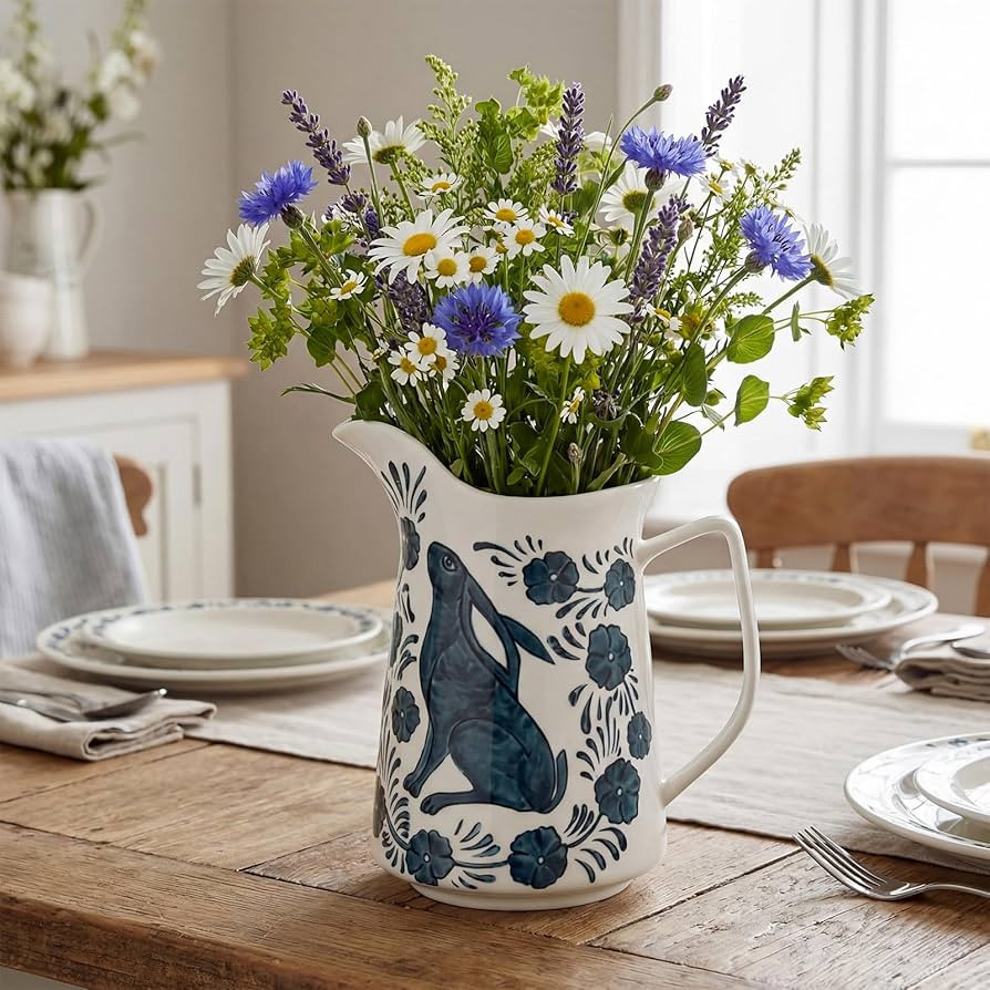 Stoneware Pitcher with Painted Rabbit and Florals - Blue and Cream Ceramic Pitcher with Handle De... | Amazon (US)