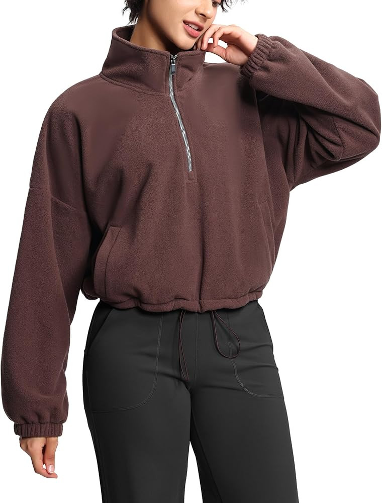 THE GYM PEOPLE Women’s Half Zip Crop Pullover Sweatshirt Fleece Loose Fit Workout Tops with Poc... | Amazon (US)