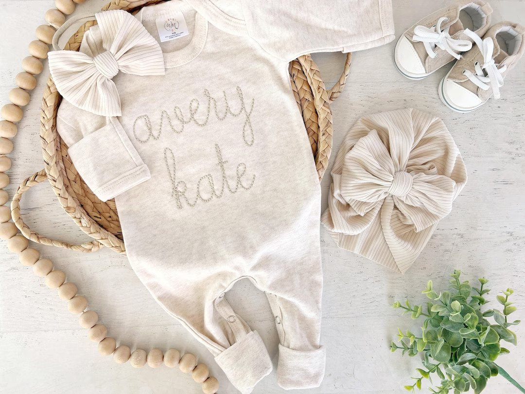 Personalized Oatmeal and Beige Vintage Stitch Romper With Bow or Hat, Custom Gender Neutral Comin... | Etsy (US)