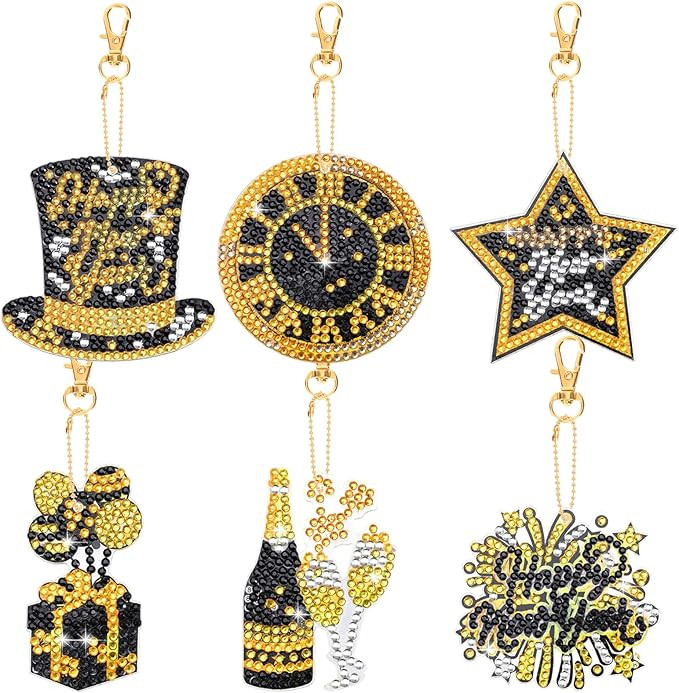 HOWAF 6pcs New Year Diamond Painting Keychains,New Year Hats Clock Firework Balloons Diamond Art ... | Amazon (US)