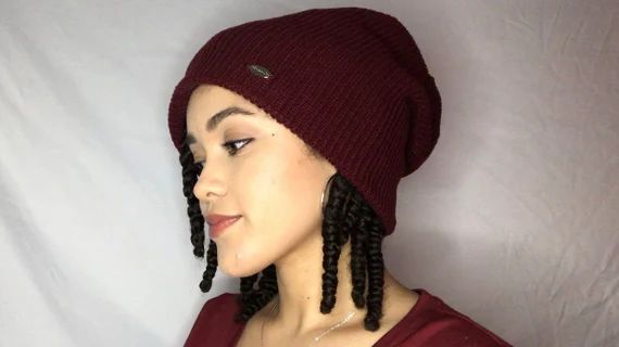 Satin Lined Beanie - Slouchy Hat - Ribbed Knit Style - Wine Maroon Color - Healthy Hair, Moisture... | Etsy (US)