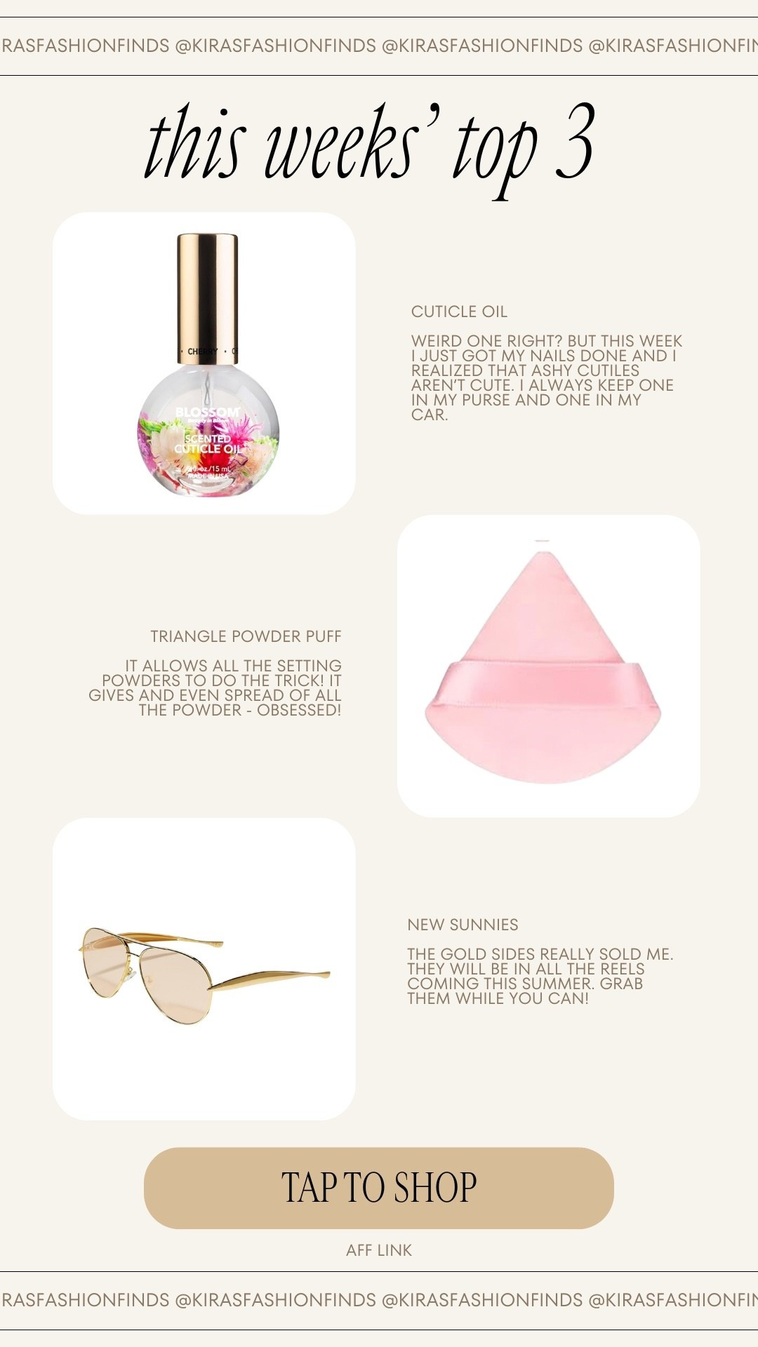 These are the little things I’ve been reaching for nonstop lately ✨
The cuticle oil keeps my nails looking fresh, the triangle powder puff makes my makeup look SO smooth, and these sunnies instantly make every outfit look more expensive 🩷

Estas son mis obsesiones de la semana ✨
Aceite para cutículas, powder puff y los lentes más lindos del verano 🤍

Follow me on Instagram and YouTube
@kirasfashionfinds

#LTKBeauty #LTKvlog
