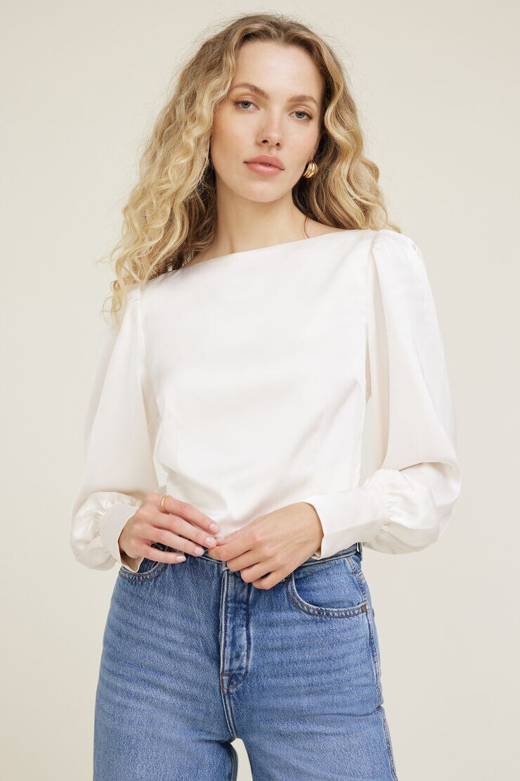 Faye Cropped Boat Neck Satin Blouse | Dynamite Clothing