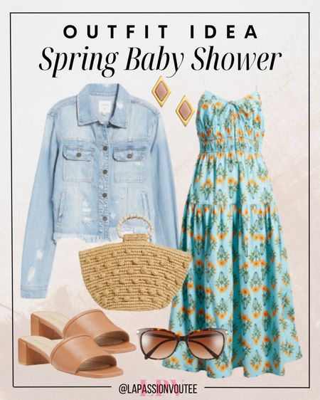 Embrace the essence of spring in style! Pair a floral midi sundress with a denim jacket for effortless charm. Accessorize with statement earrings, chic sunglasses, and an opal tote bag for a touch of elegance. Complete the look with heeled sandals, perfect for celebrating in comfort and sophistication.

#LTKstyletip #LTKSeasonal #LTKparties