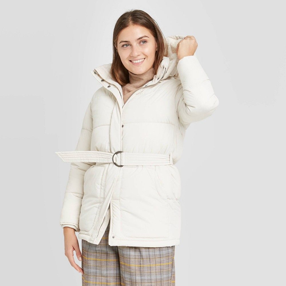 Women's Belted Mid Length Puffer Jacket - A New Day Cream S, Ivory | Target