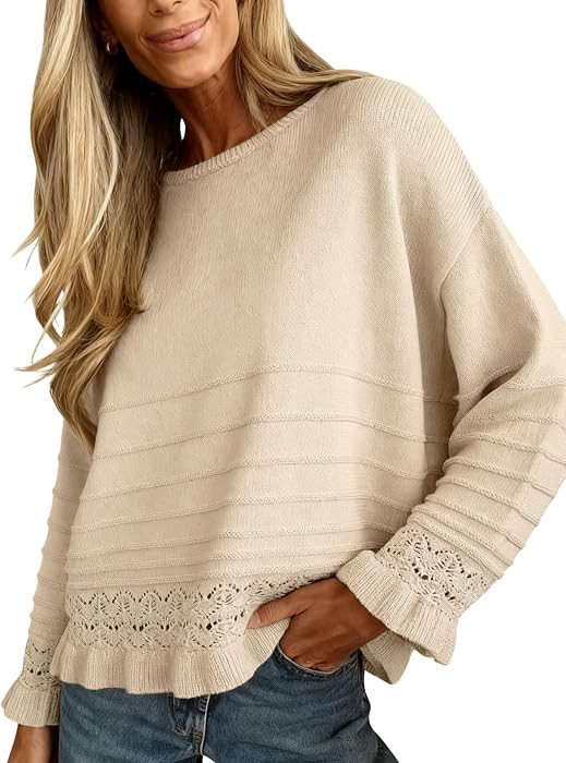 Yeokou Womens Pullover Sweater Round Neck Ruffled Hem Knit Crochet Long Sleeve Winter Spring Casu... | Amazon (US)