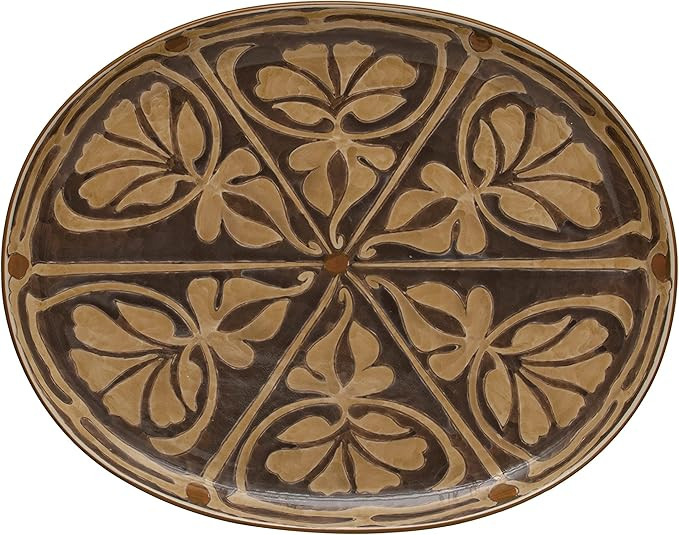 Creative Co-Op Oval Hand Painted Stoneware Plate, Set of 2 Serveware, 16"L x 13"W x 1"H, Brown | Amazon (US)