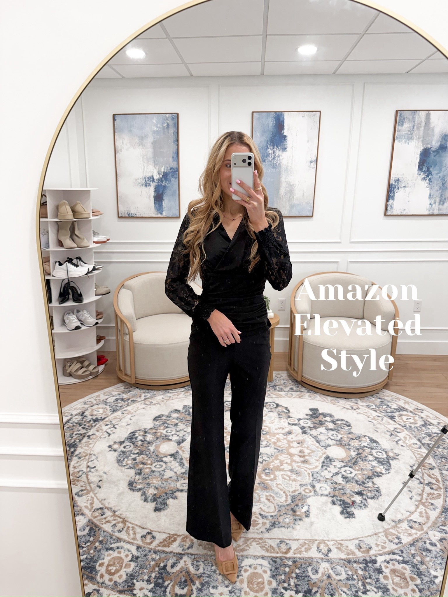 🖤 Wearing size small — Amazon lace sleeve wrap top This top is a stunning way to dress up your black trousers for winter! The wrap style is flattering, and the lace sleeves add such an elegant touch. Perfect for date night, work parties, or holiday dinners when you want something classic with a little extra detail.

#LTKTall #LTKSeasonal #LTKFindsUnder100