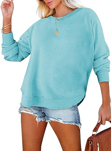EVALESS Sweatshirt for Women Crewneck Long Sleeve Side Split Tops Casual Solid Color Loose Pullov... | Amazon (US)