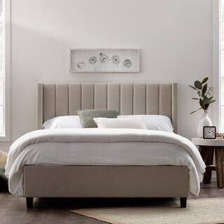 Brookside Adele Light Brown Oat Upholstered Queen Platform Bed Frame with a Vertical Channel Tuft... | The Home Depot