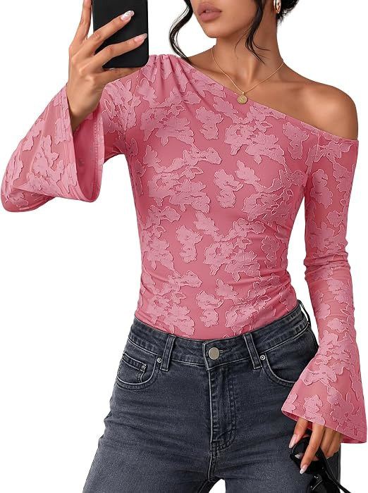 ZESICA Womens Off Shoulder Mesh Bell Long Sleeve Fall Shirts Going Out Top | Amazon (US)