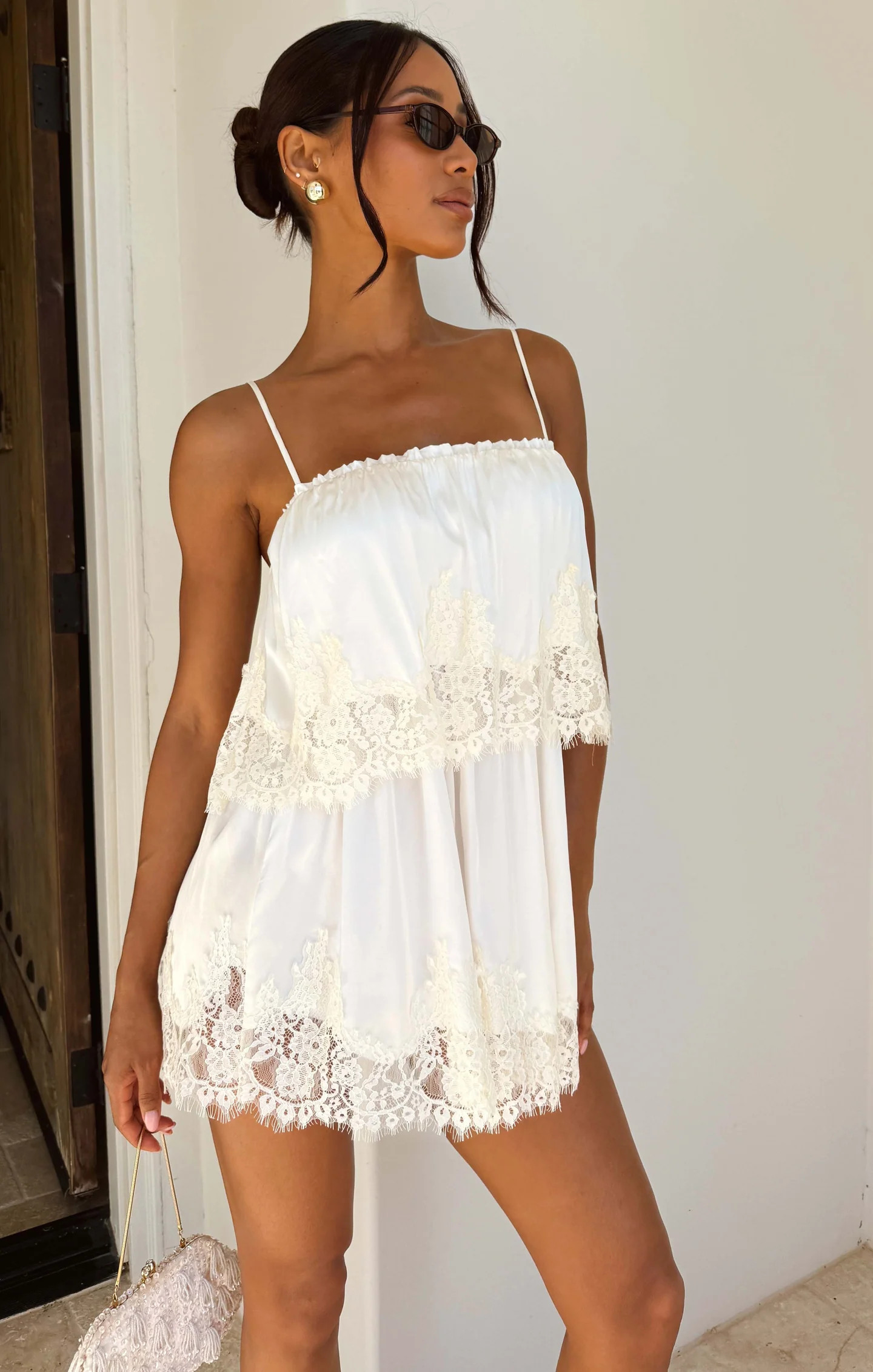 Emmylou Mini Dress ~ Ivory Satin with Lace Trim | Show Me Your Mumu
