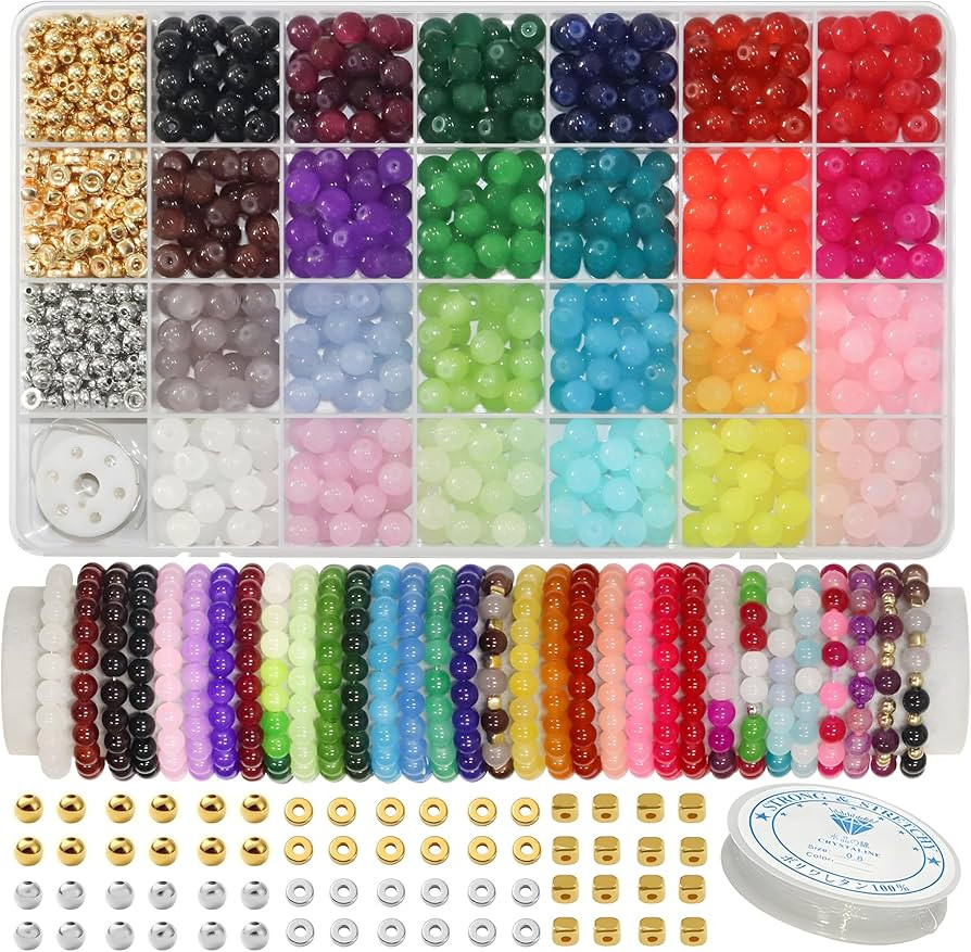 JULIMAIDONG 8mm Glass Beads for Bracelets 1000pcs, 24 Colors Round Crystal Glass Bracelet Beads M... | Amazon (US)
