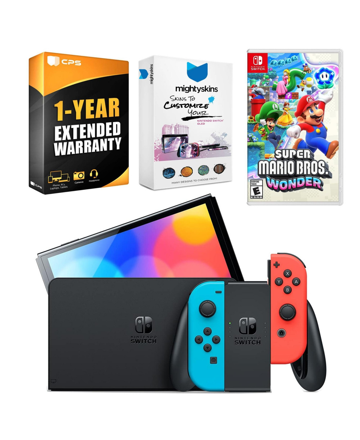 Nintendo Switch Neon Red & Blue Oled Console with Super Mario Bros. Wonder, MightySkins Console and Controller Skin Voucher, and 1 Year Cps Extended W | Macy's