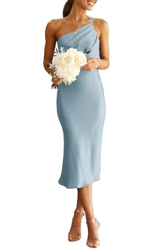PRETTYGARDEN Women's Midi Satin Dress One Shoulder Spaghetti Strap Backless Ruched Summer Bodycon Dresses (Light Blue,X-Large) | Amazon (US)