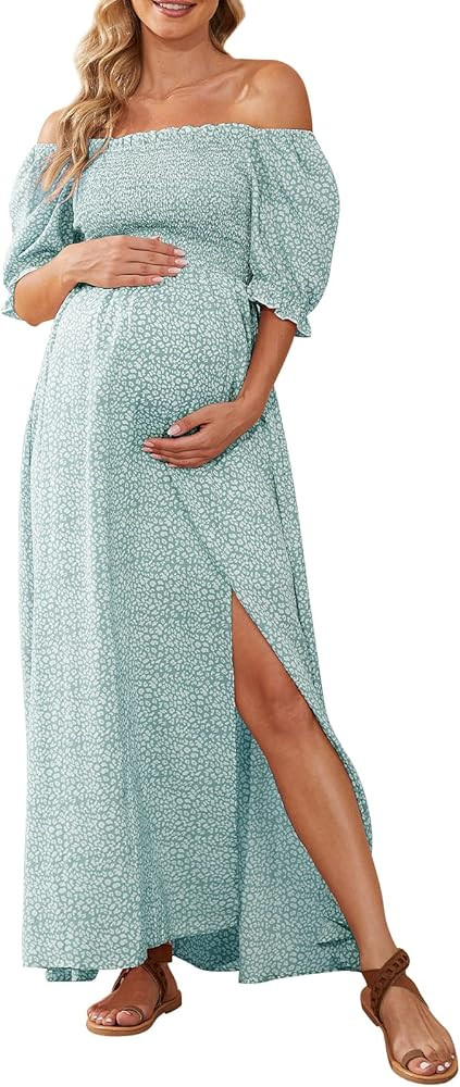 Floral Print Square Neck Puff Sleeve Maternity Dress for Baby Shower Photoshoot, Boho Smocked Spl... | Amazon (US)