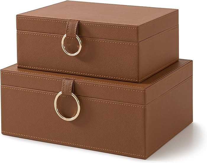 Soul & Lane Faux Leather Storage Box Set, 2 Decorative Boxes with Lids for Home Decor, Coffee Tab... | Amazon (US)