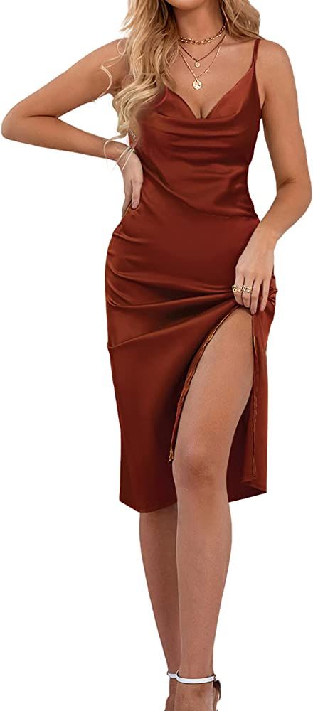 LYANER Women's Satin Drape Cowl Neck Sleeveless Strappy Cami Split Slit Party Midi Dress | Amazon (US)