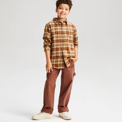 Boys' Long Sleeve 100% Cotton Plaid Flannel Button-Down Shirt - Cat & Jack™ Brown S | Target