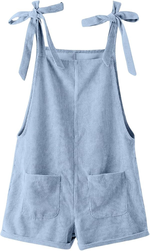 OYOANGLE Women's Strap Tie Knot Shoulder Pocket Front Romper Corduroy Overall Shorts Jumpsuit | Amazon (US)