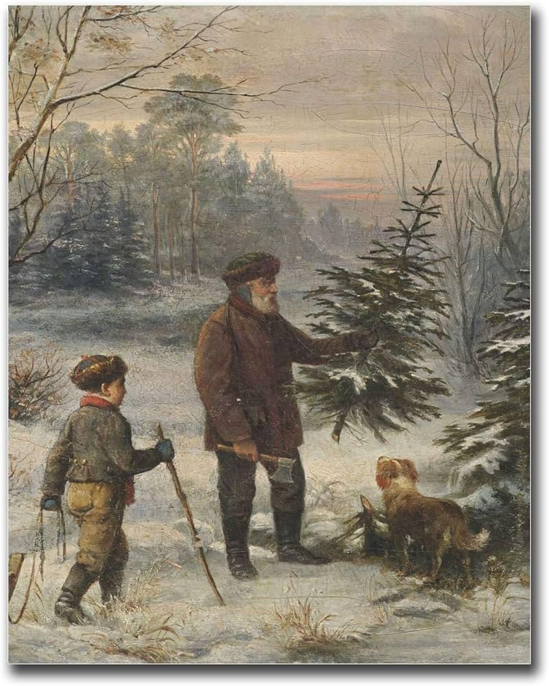 SENLYCH Canvas Painting Wall Mural Print Vintage Winter Forest Oil Painting Father And Son Cut A ... | Amazon (US)