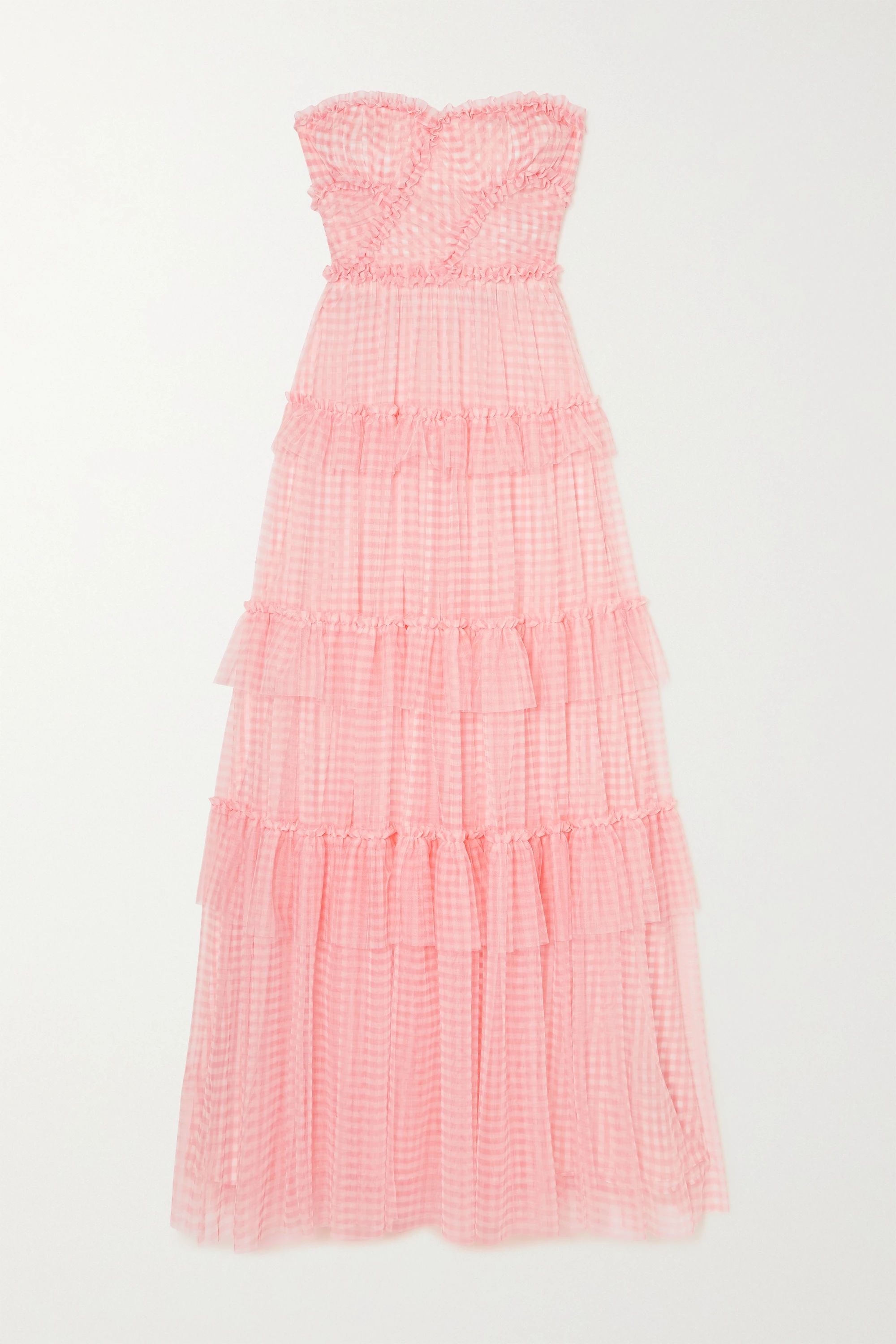 Pink Caroline strapless ruffled tiered gingham tulle gown | Needle & Thread | NET-A-PORTER | NET-A-PORTER (UK & EU)