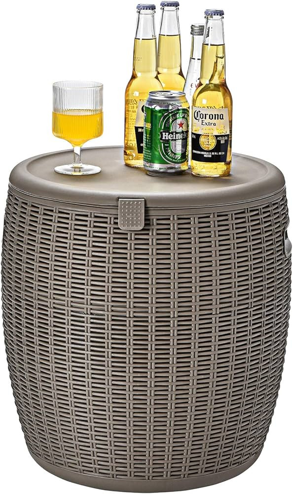 Safstar Outdoor Cooler Table, 9.5 Gallon Ice Cool Table w/Top Lid, Side Handle, Drainage Plug, Weather-Resistant Wicker Rattan Round Ice Bucket for Cocktail Beer Wine in Patio Party Pool | Amazon (US)