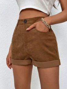 Solid Slant Pocket Roll Up Hem Corduroy Shorts SKU: sw2204255684336438(100+ Reviews)$12.99$12.34J... | SHEIN