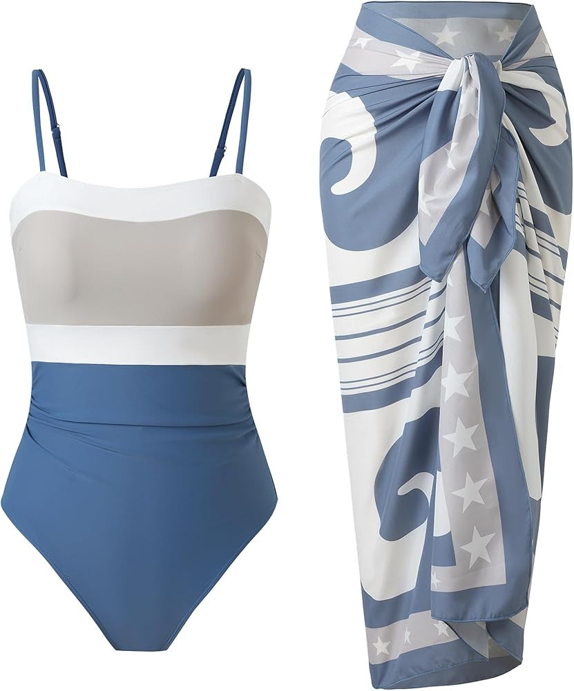 Women\u2019s One Piece Swimsuit with Cover Up Set Skirt Retro 2 Piece Bathing Suit Swimwear | Amazon (US)