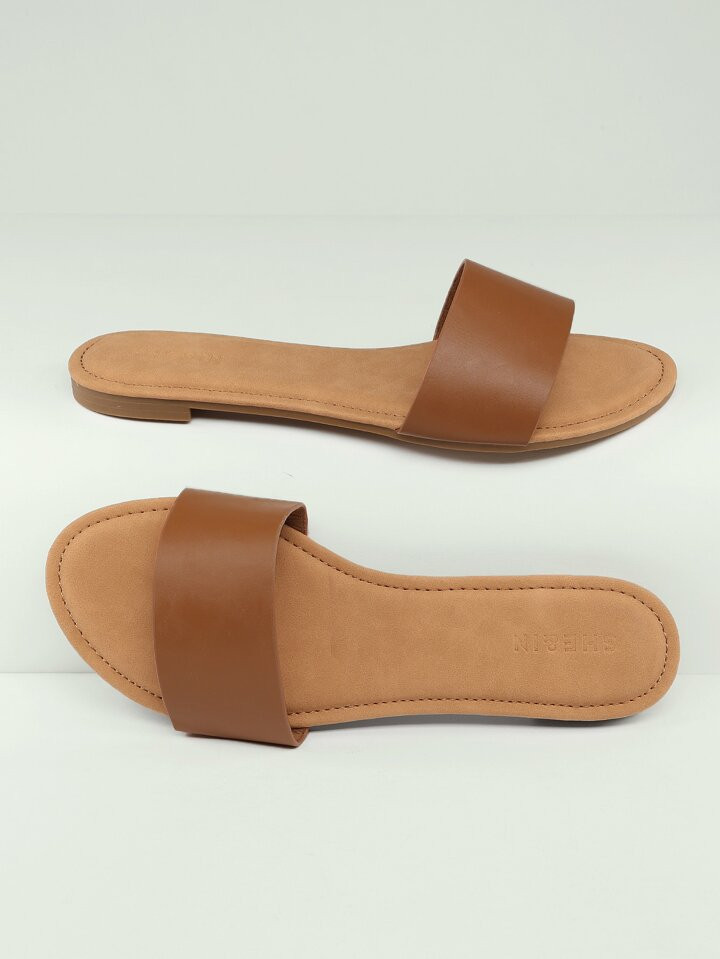 Minimalist Outdoors Flat Slippers For Women, Single Band Plain Faux Suede Open Toe Slide Sandals | SHEIN