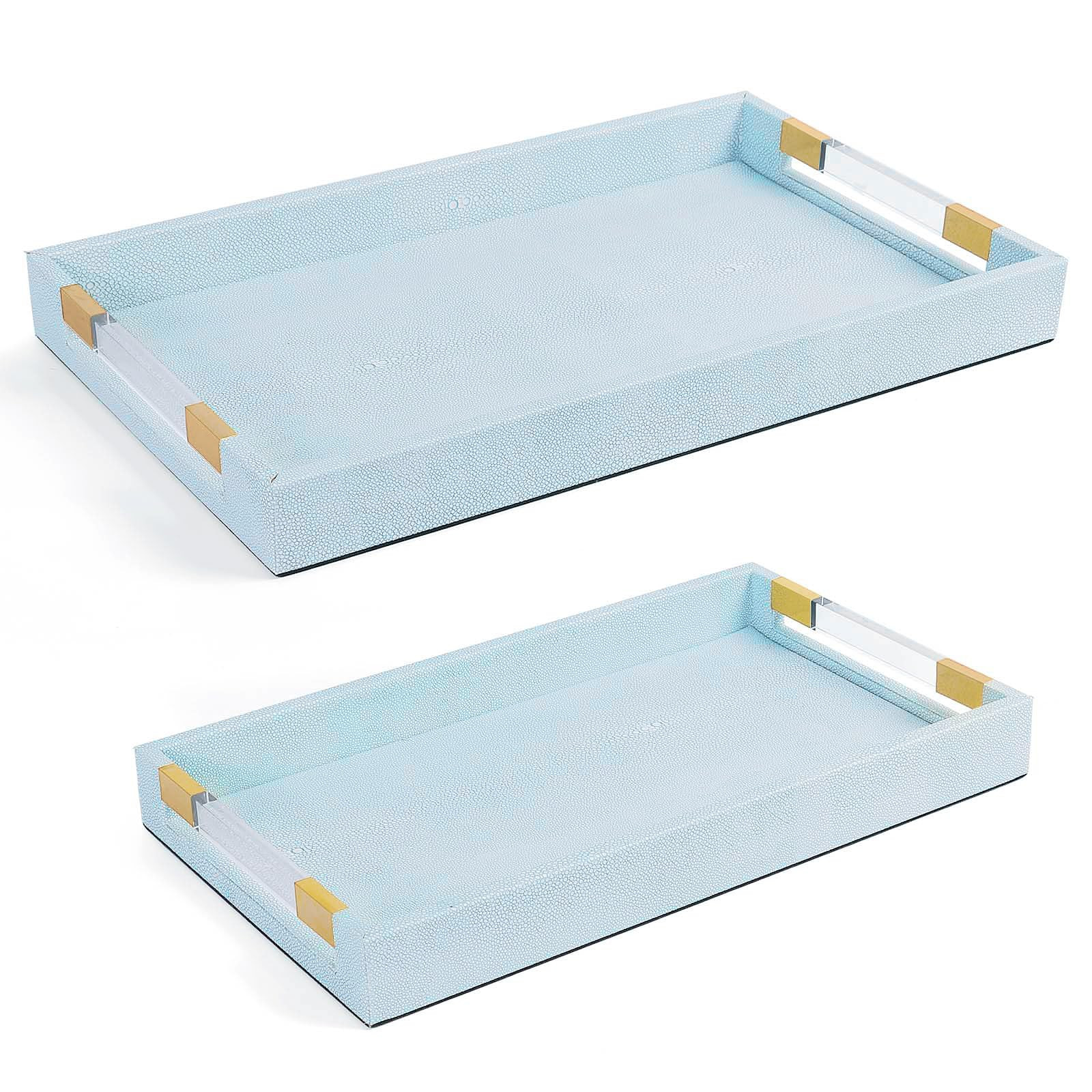 2 Pack Large Ottoman Tray Shagreen Decorative Tray Serving Tray with Acrylic Gold Handles, Ice Bl... | Amazon (US)