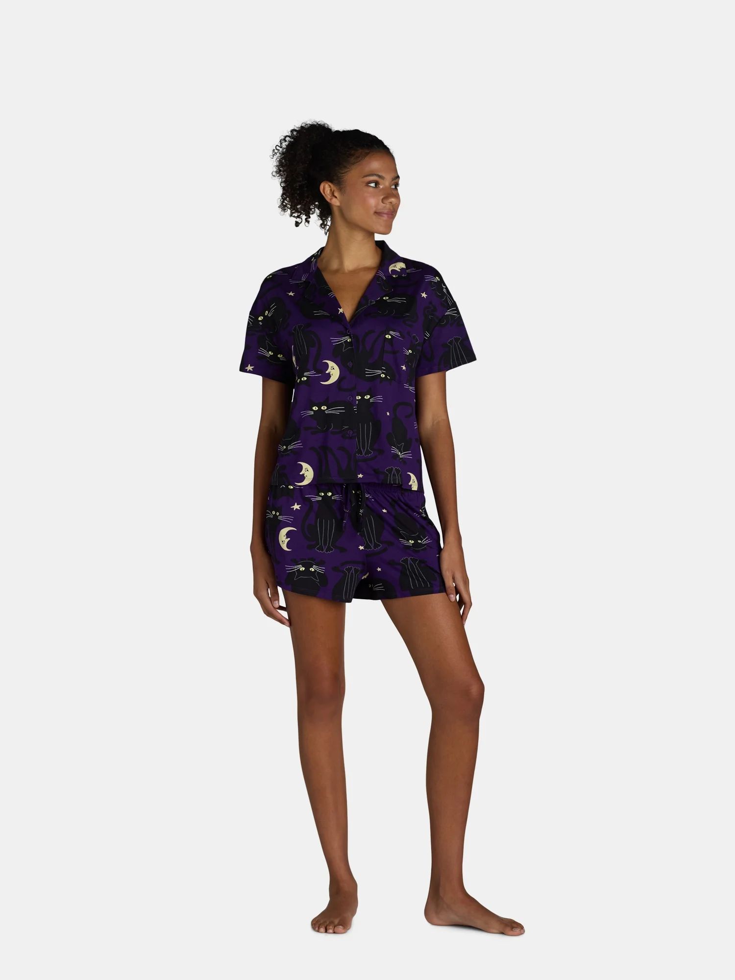 Halloween Women’s Black Cat Shorty Pajama Set, 2-Piece, Sizes XS-3X | Walmart (US)