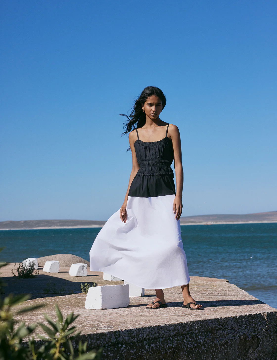Black And White Shirred Waist Alina Midi Dress | Nobody's Child