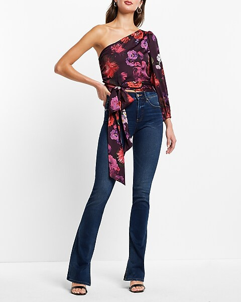 Satin Floral One Shoulder Tie Waist Top | Express