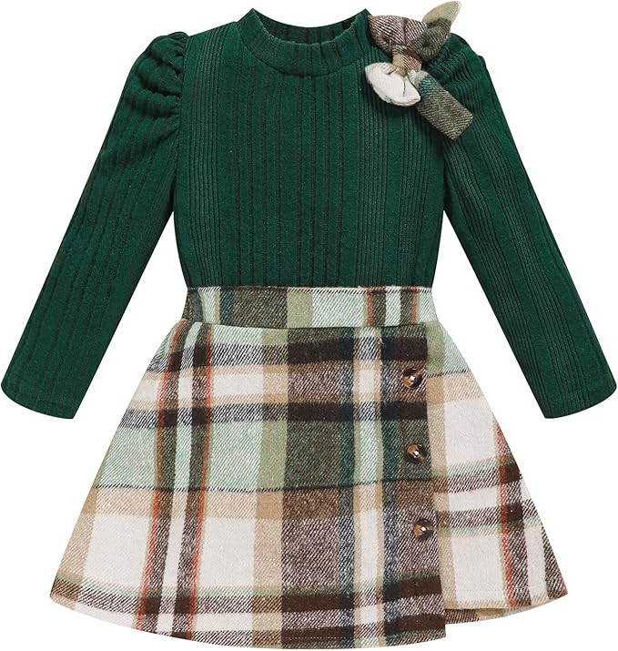 Toddler Girl Plaid Outfits Fall Winter Dress Knit Ribbed Bow Sweatshirt Tops and Button Fashion S... | Amazon (US)